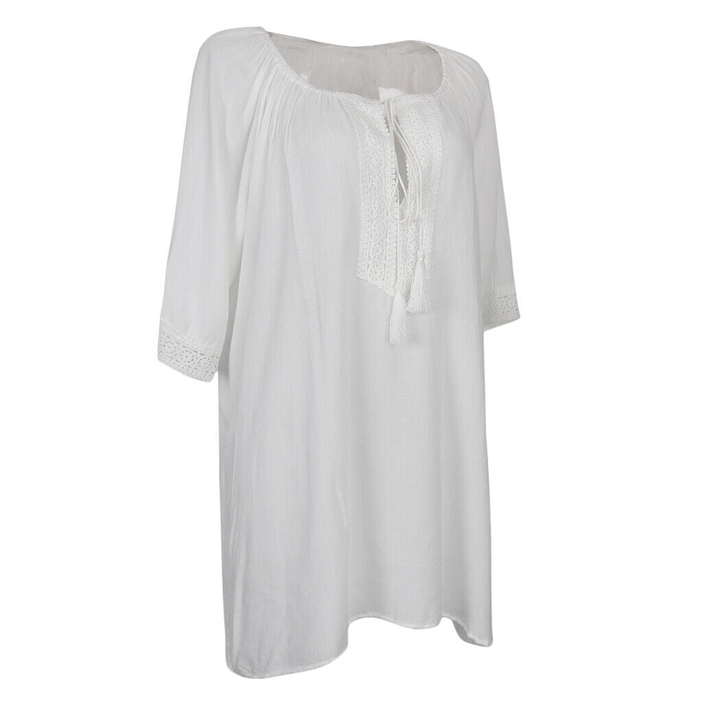 Women Tassel Lace Bathing Suit Beach Dress Swimwear Bikini Cover Up White L