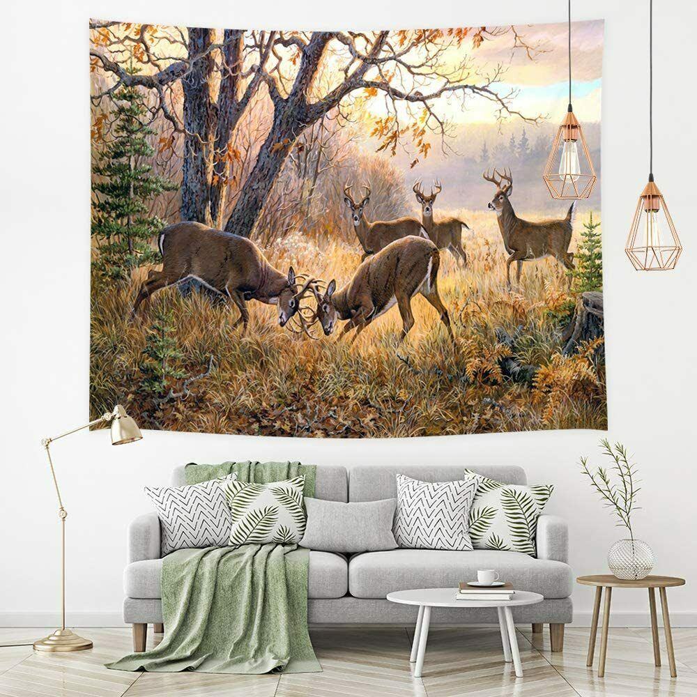Animal Deer Tapestry, Wildlife Theme Elk Herd in Fall Forest Tapestry 4.5x1.6m