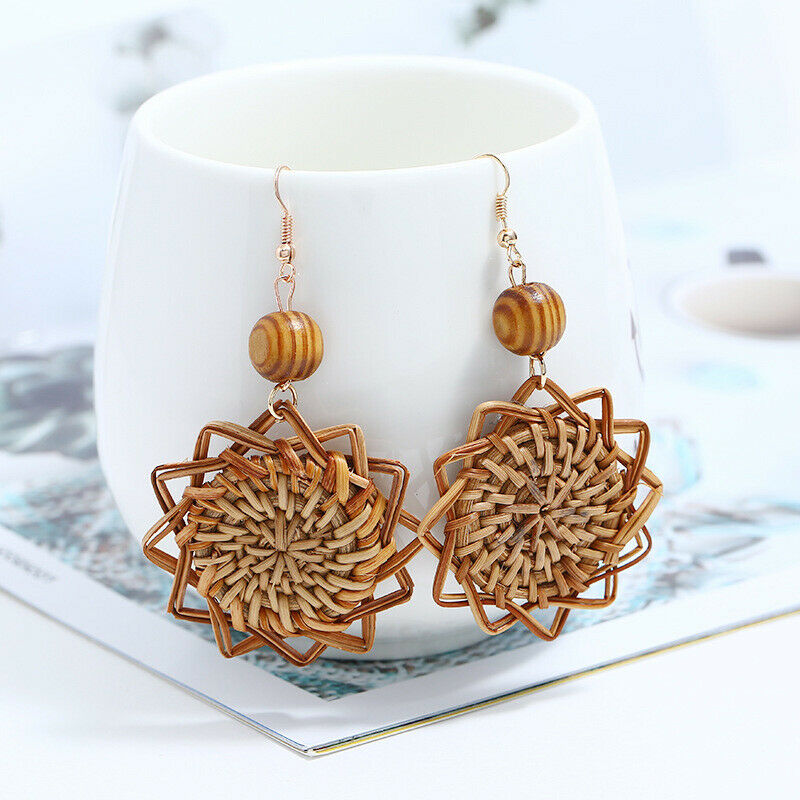 Handmade Wood Bamboo Rattan Geometric Pendant Ear Stud Earrings Women Jewelry Pb