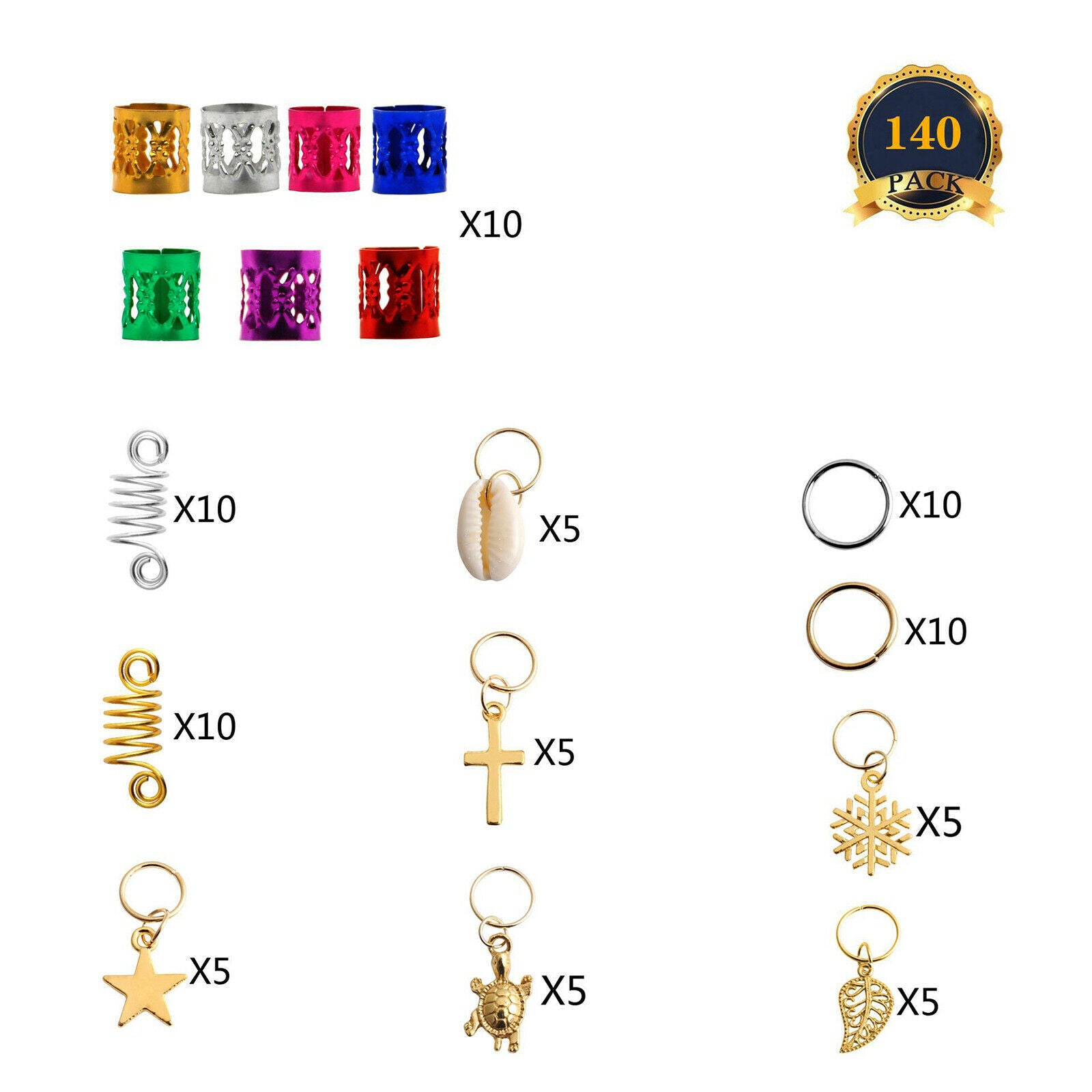 140Pcs Braid Dreadlock Hair Cuffs Clips DIY Decoration Pendants Accessories