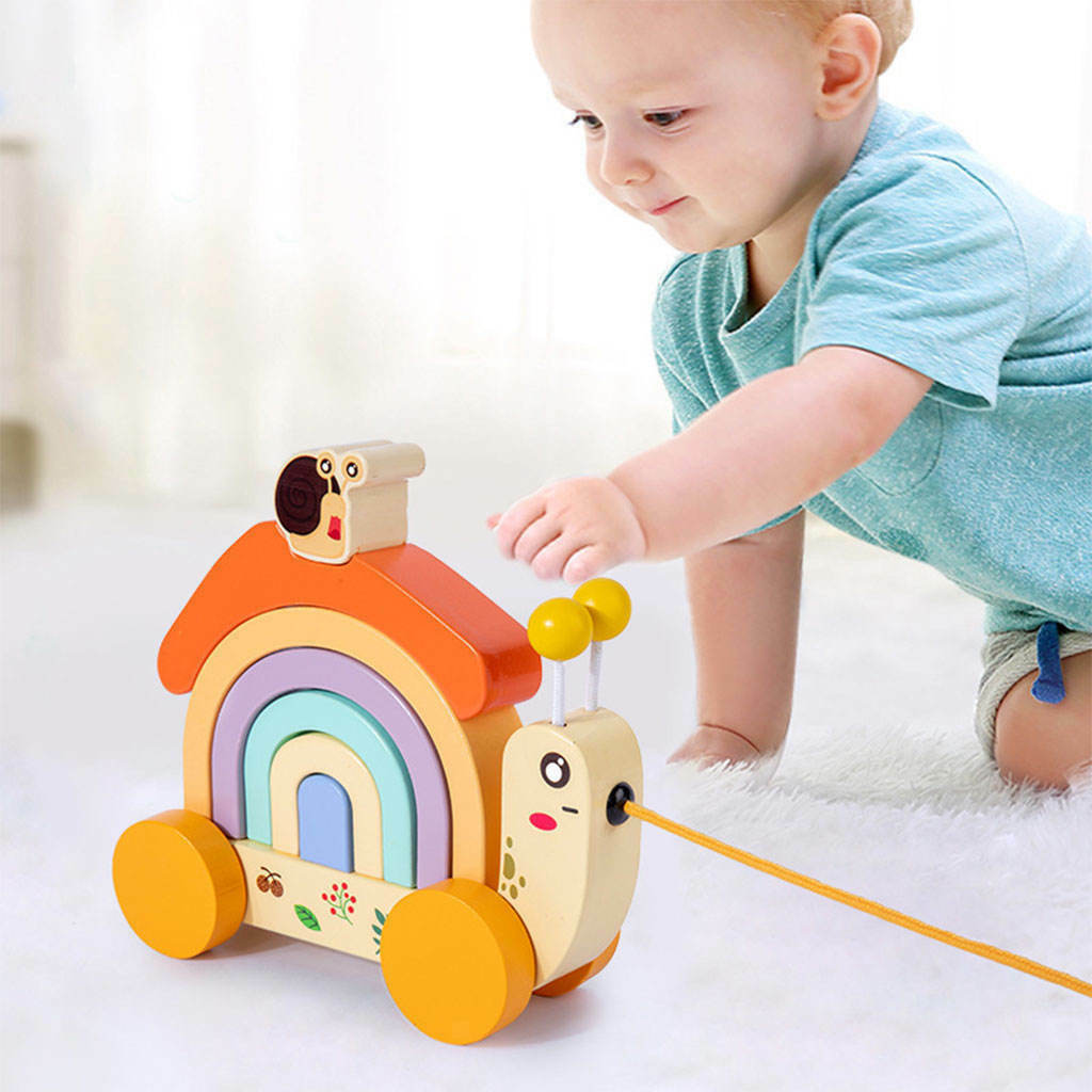 Wooden Rainbow Stacker Montessori Development Color Toys Drag Learning Car