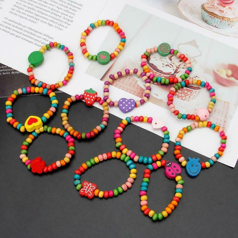 12Pcs Colourful Wooden Bracelets Little Girls Bracelets Kit Kids Fashion Jewelry
