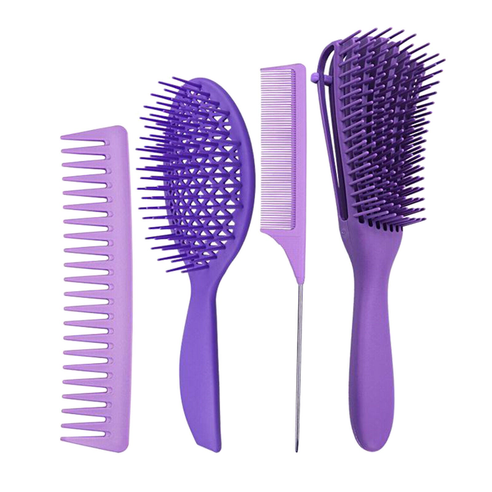 4x Salon Hair Styling Plastic Barbers Brush Combs Set for Long Hair Purple