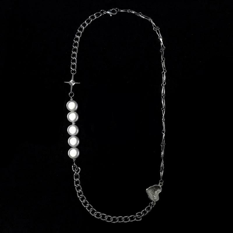 Choker Necklace for Women Big Fluorescent Pearls Alloy Chain with Glitter Cross