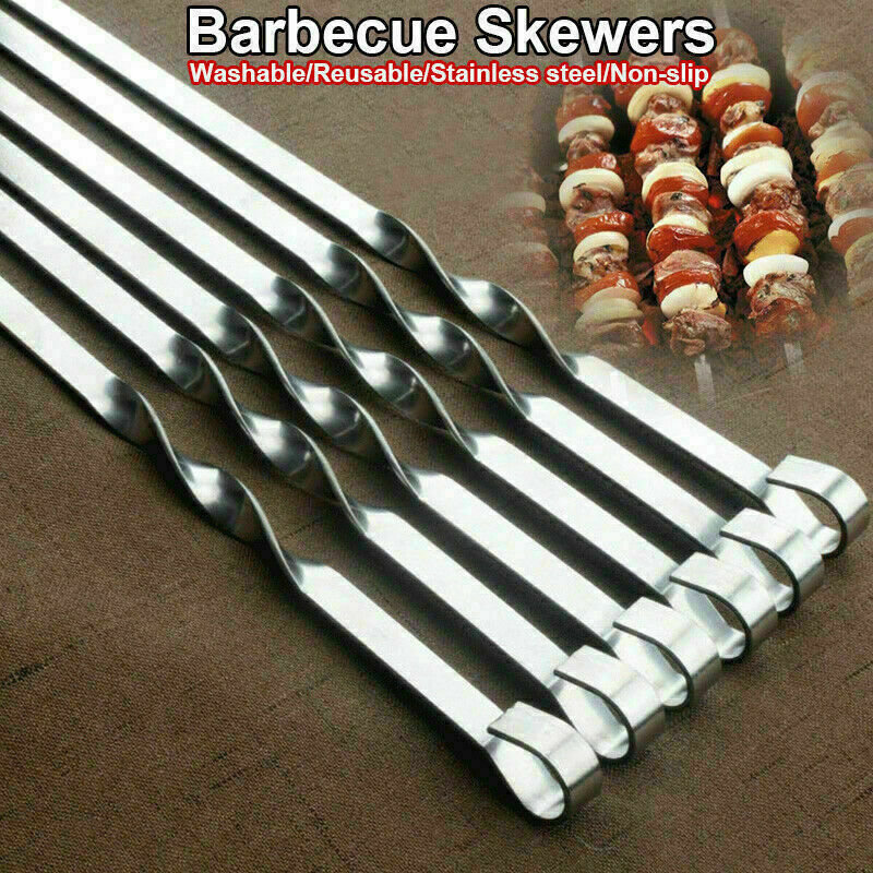 12x Kabob Skewer Flat Metal BBQ Barbecue Skewer Stainless Steel Shish Skewers