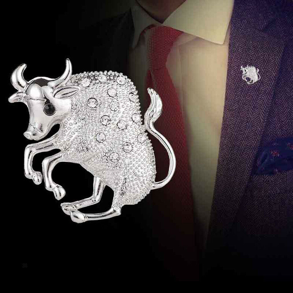 Silvery Tone Clear Crystal Rhinestone Cow Animal Brooch Pin For Men Women