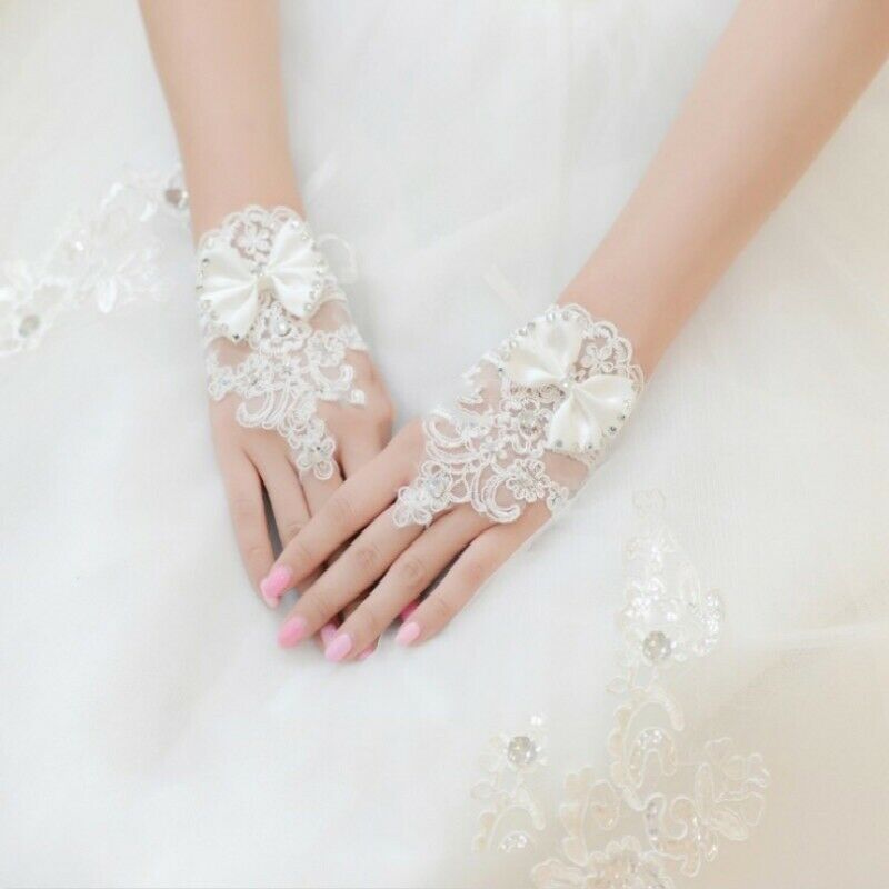 Women Lace Wedding Gloves White Fingerless Bow Bridal Party Evening Wrist Gloves