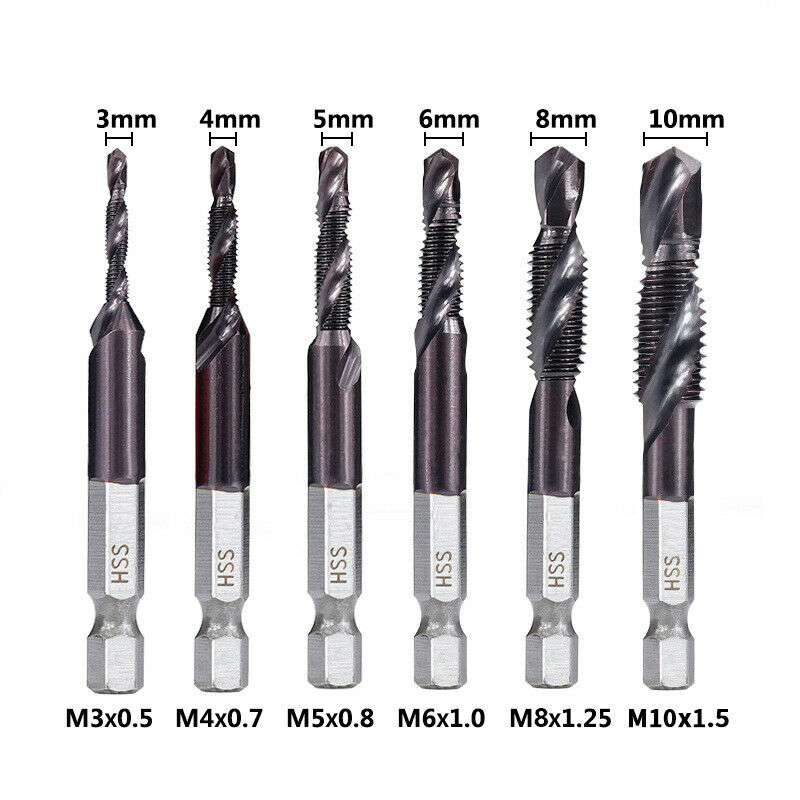 New 1/4 Hexagon Shank Metric Drill-Tapping Integrated Composite Tap Set of 6