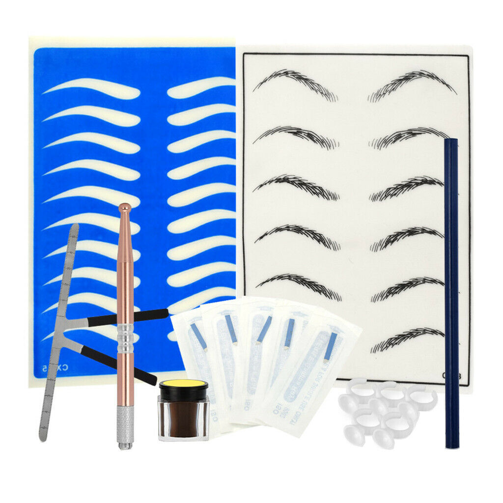 Eyebrow Permanent Makeup Kit Ruler Tattoo Pen Needle Practice Skin Ink Cup Pink
