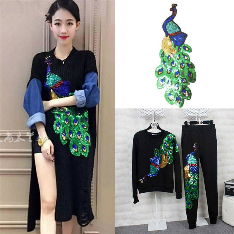 Women Sequin Peacock Embroidery Applique Patch Sew On Clothes Accessory.l8