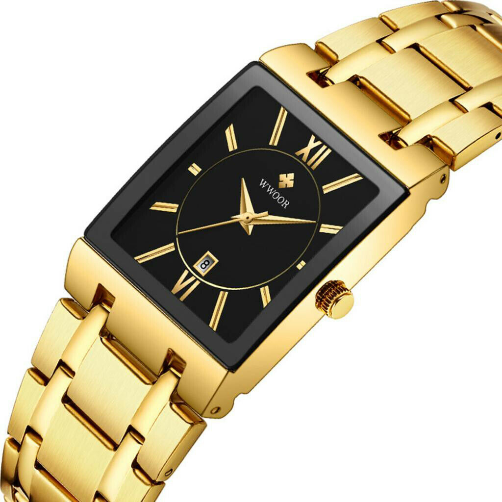 Mens Fashion Watch Rectangular Dial Analog Quartz Wristwatch Golden+Black
