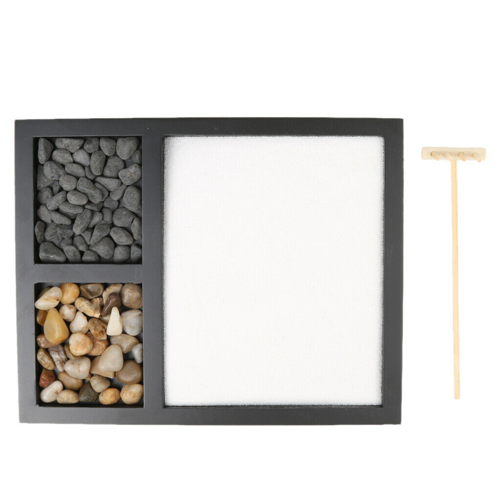 Zen Garden Sand Tray Stone Wooden Rake Sands Home Room Fengshui Ornament #2