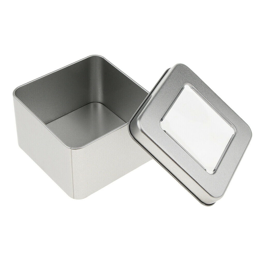 Set of 3 Small Tin Box Container, Square Empty Tin Storage Case (Clear Top,