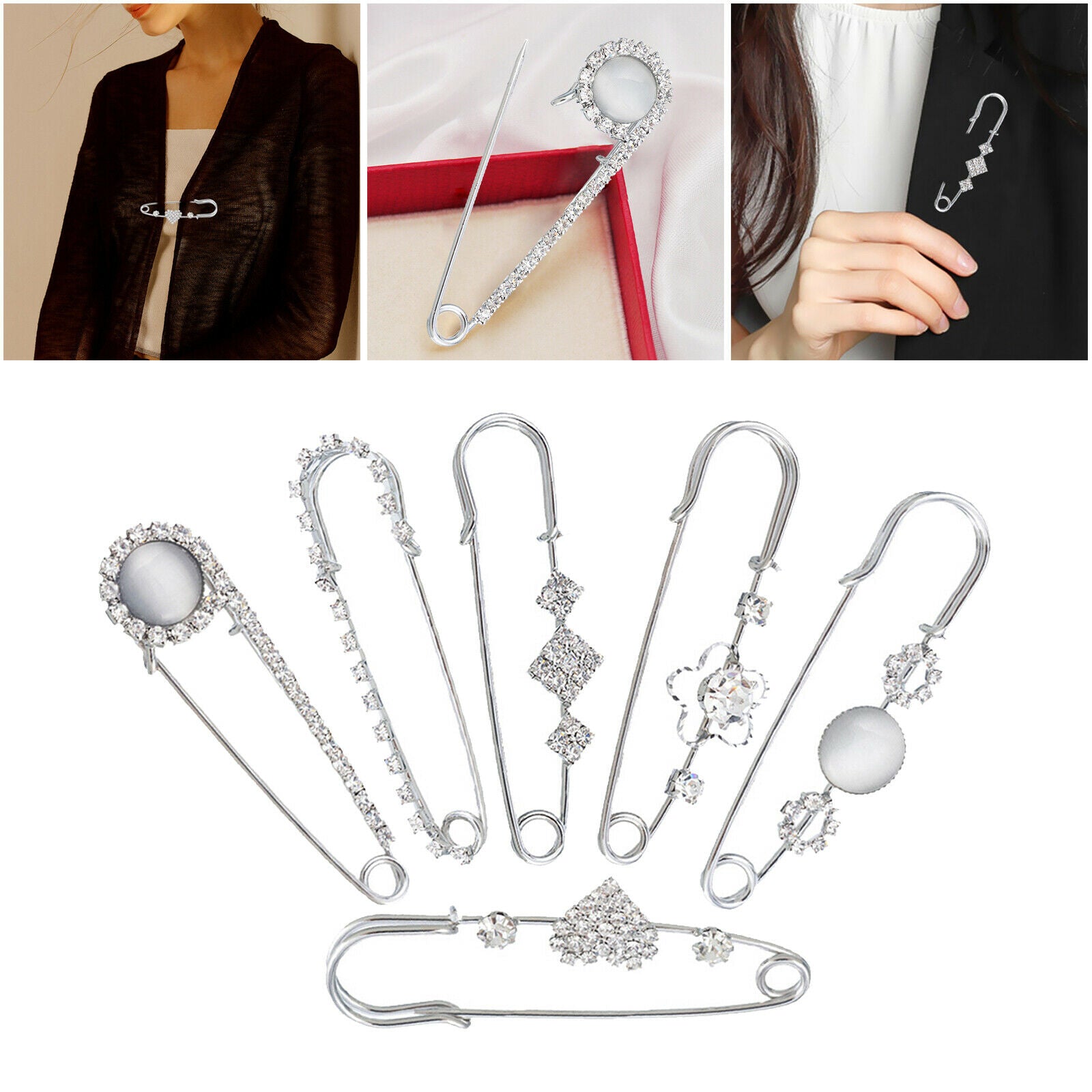 6 Pack Creative Women Crystal Brooch Pins Buckle Anti-Exposure Fixed Clothes