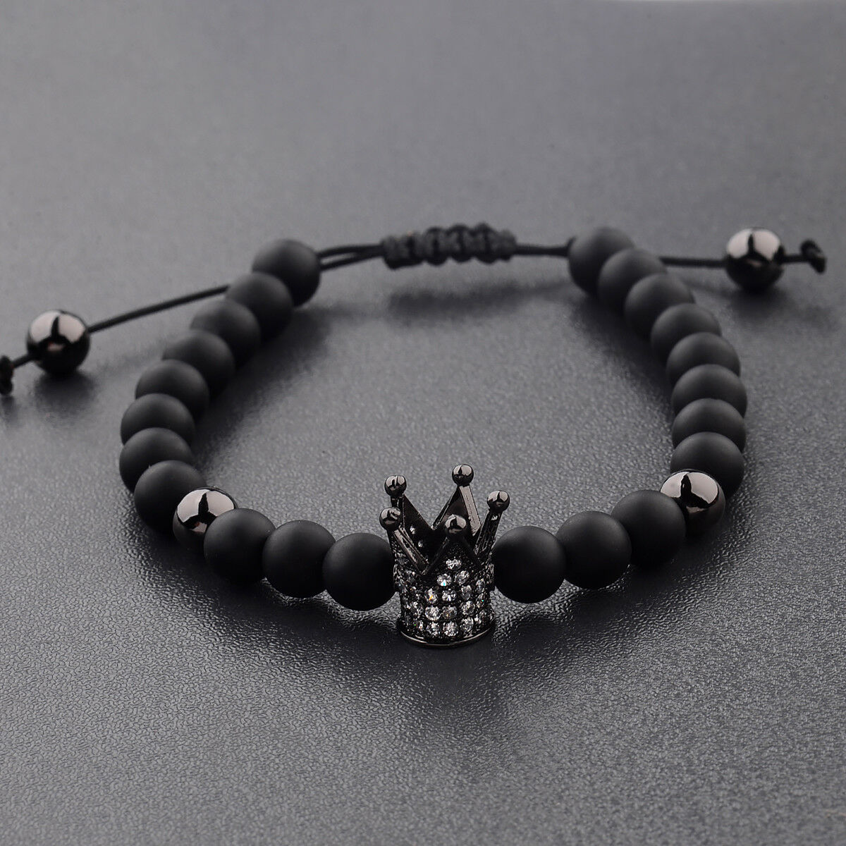 Charm Men Cubic Zircon 24kt Black Plated Crown Bracelet Bead Macrame Bracelets