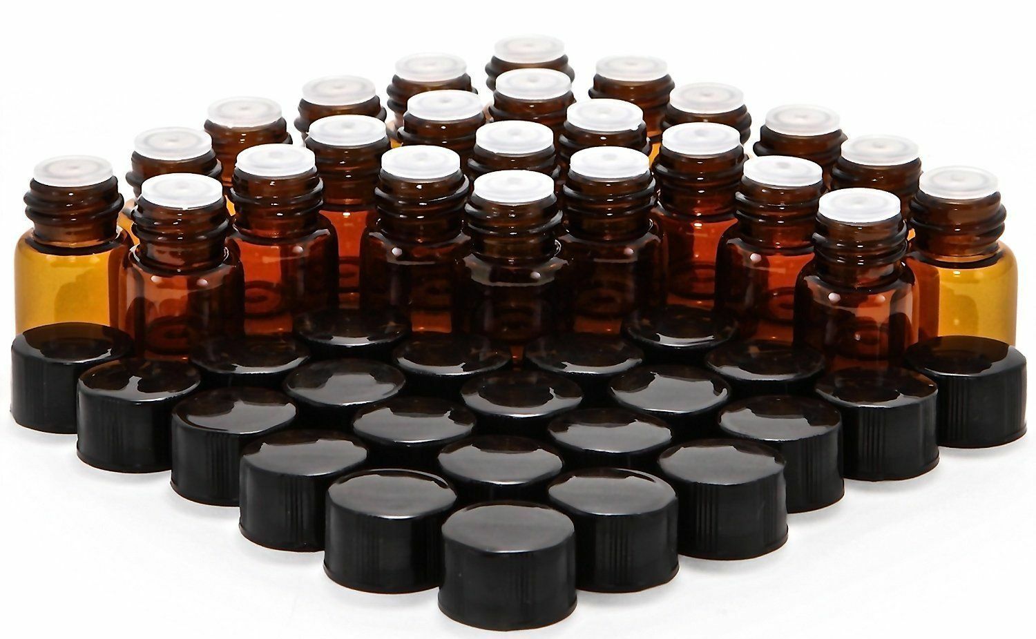 50 pack 1 ml Amber Glass Essential Oil Bottle, Orifice Reducer & cap