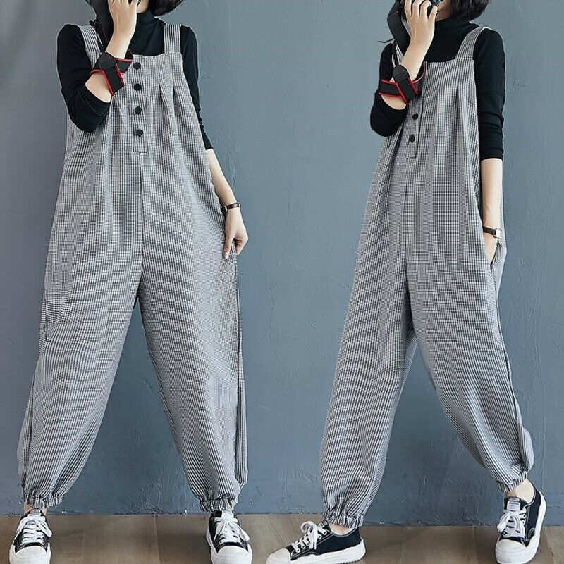 Womens Plaid Baggy Dungarees Overalls Jumpsuit Pockets Loose Romper Pants Casual