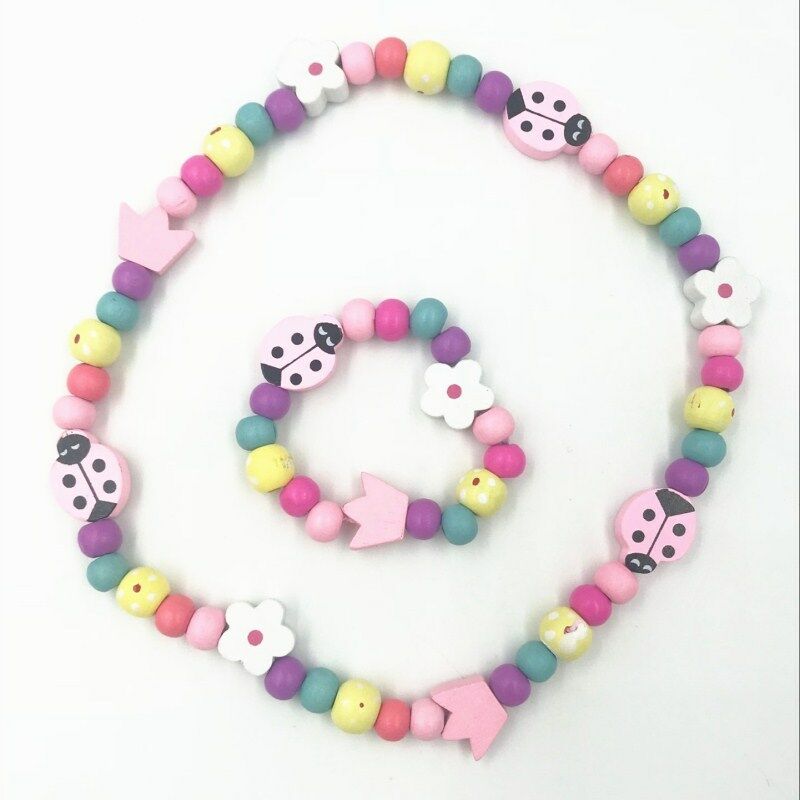 1 sets Wooden Beaded ladybug Necklace bracelet kids gift party supply