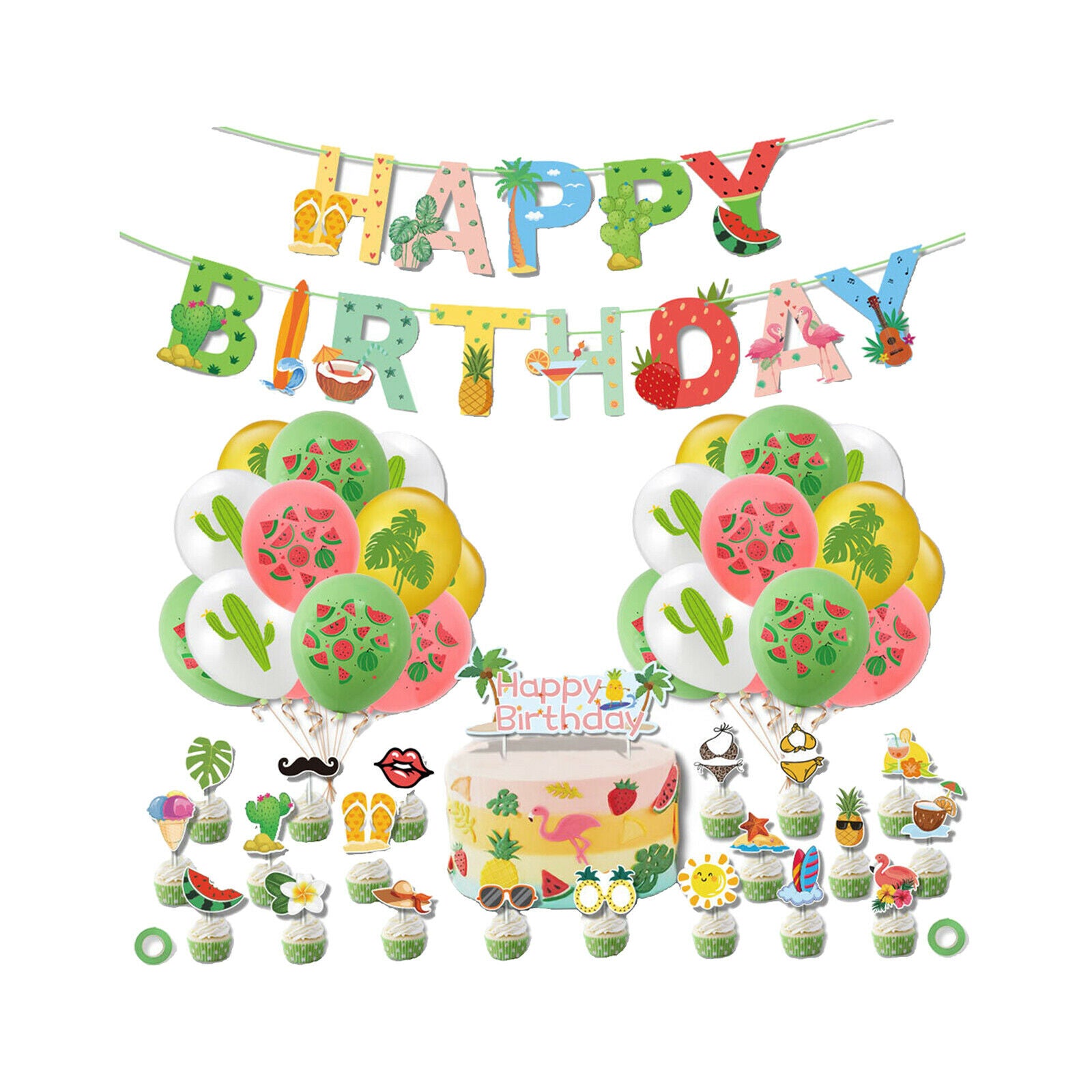 Tropical Balloons Garland Set with Tropical Leaves and Pineapple Banner for