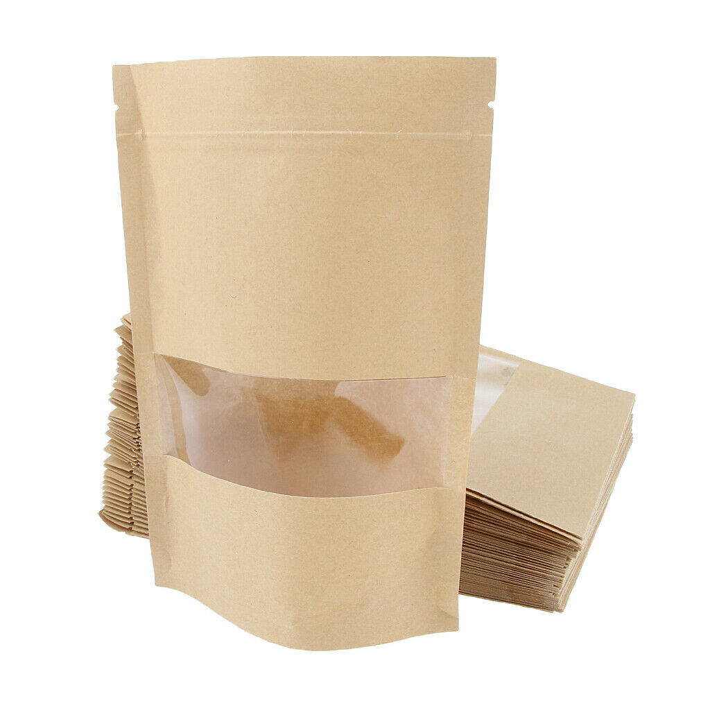 100x Kraft Paper Bag Stand Up Pouch Food   Packaging W/ Window 14x20