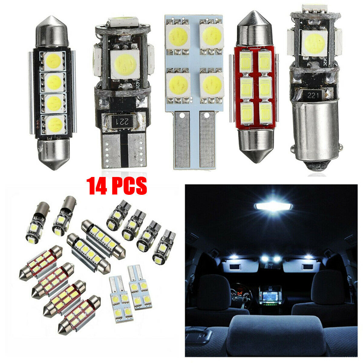 14PCS White LED Lights Interior Package Map Dome + License Plate white 6000k