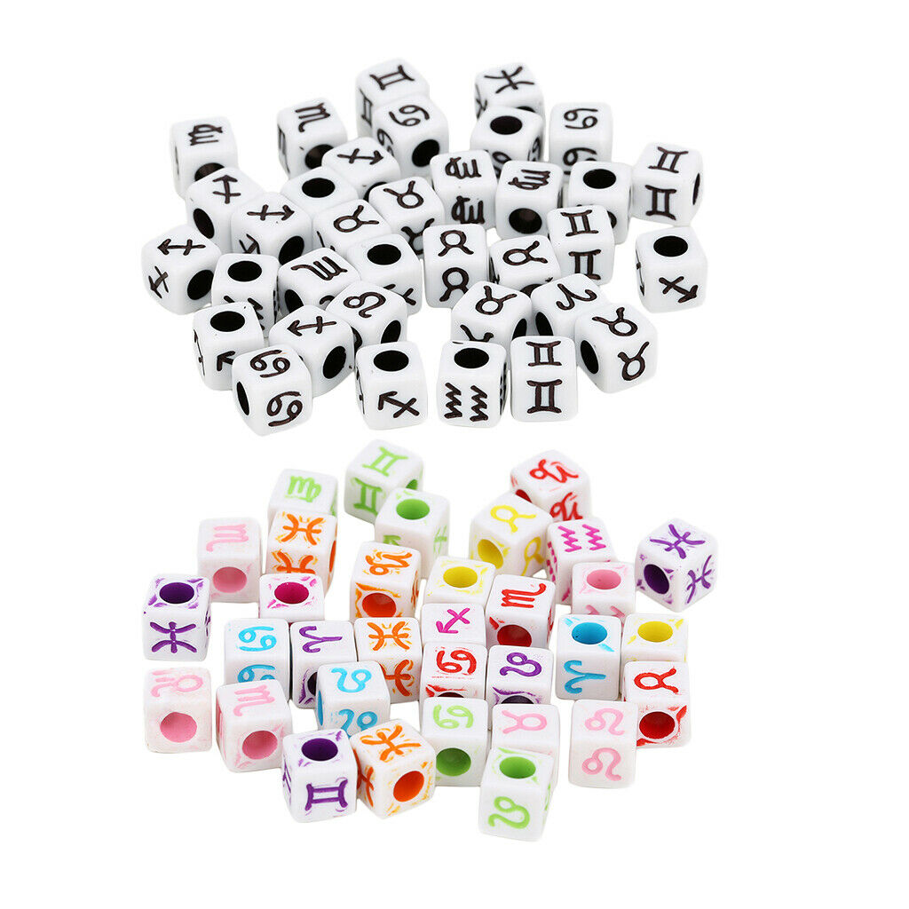 100x Colored Acrylic Cube Beads with Zodiac Designs DIY Jewelry Charm