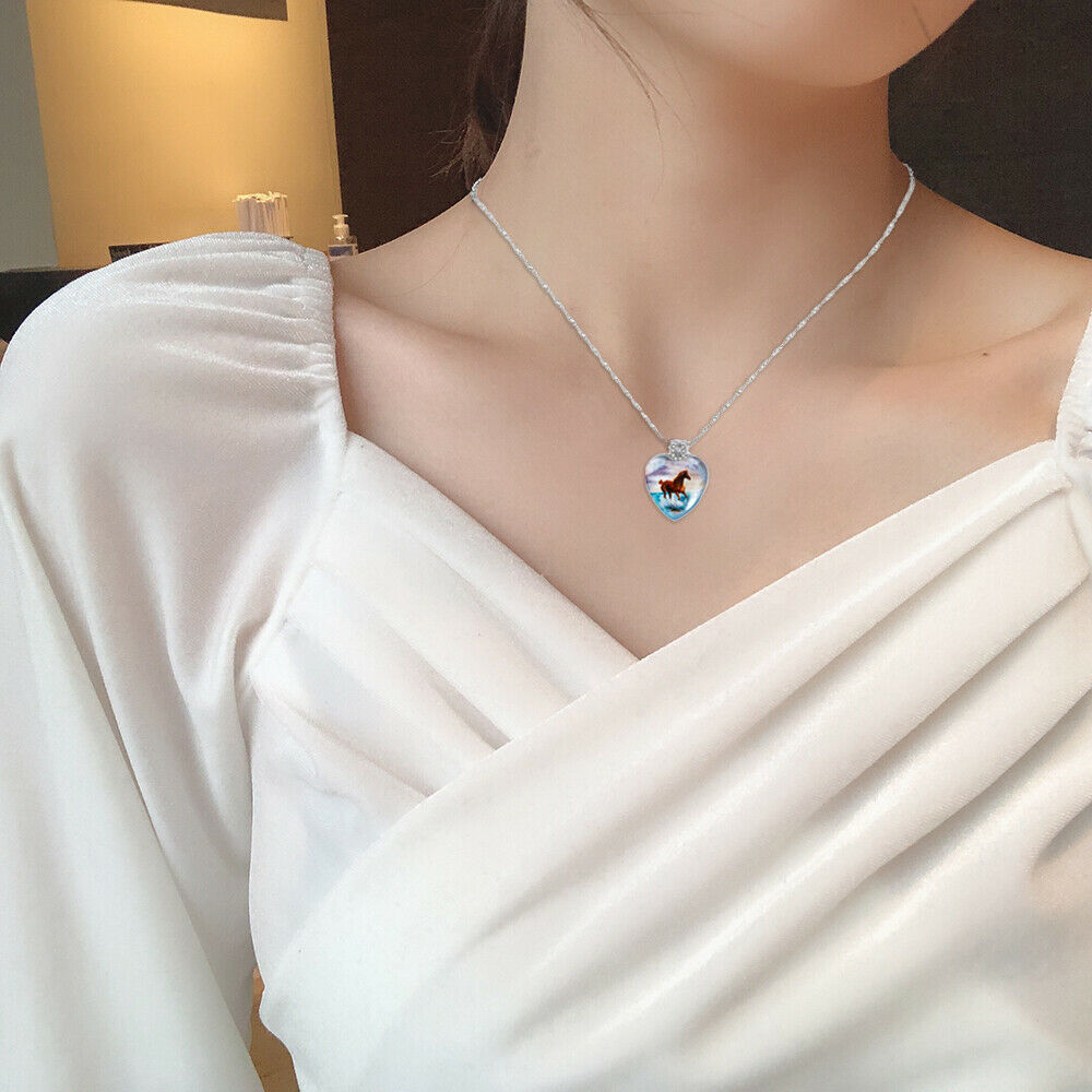 Women's Peach Heart Animal Pendant Charm Necklace Horse Crystal Jewelry Fashion