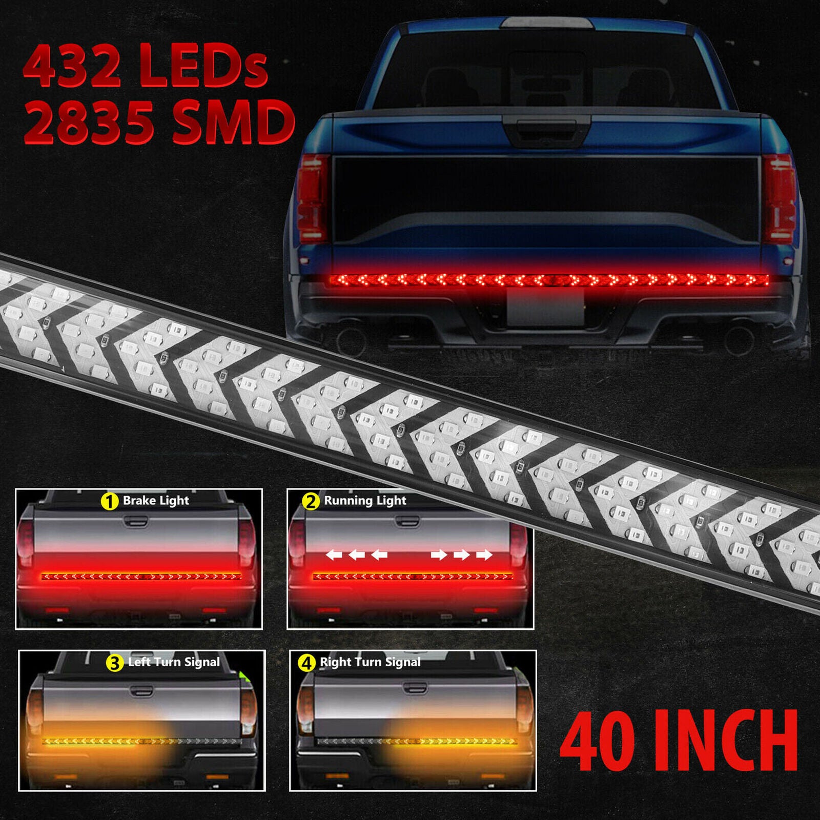 40inch Flowing LED Truck Tail Light Strip Turn Signal Tailgate Brake Bar Reverse