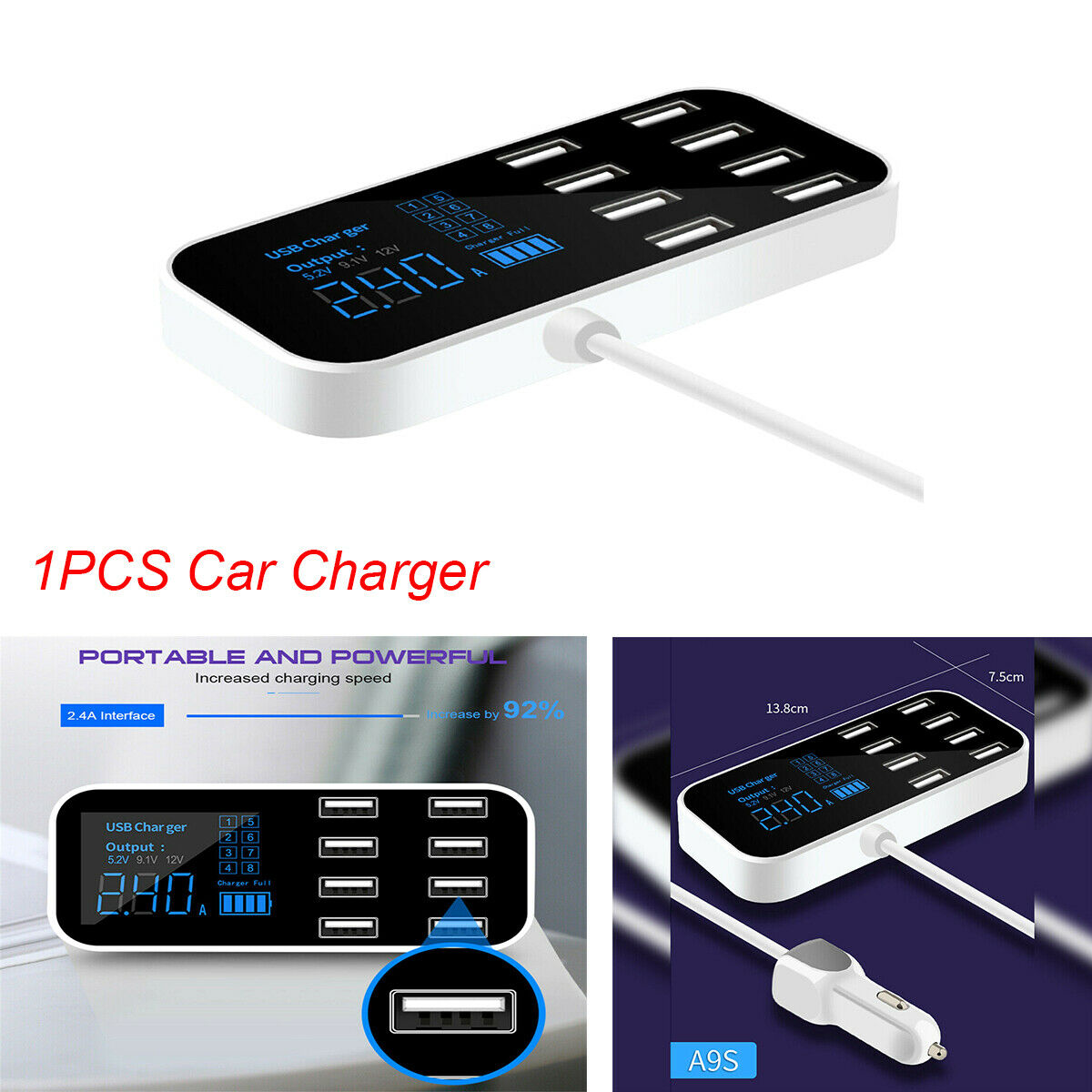 8-port Car Multi-function Charger Cigarette Lighter Hub LCD DisplayUniversal