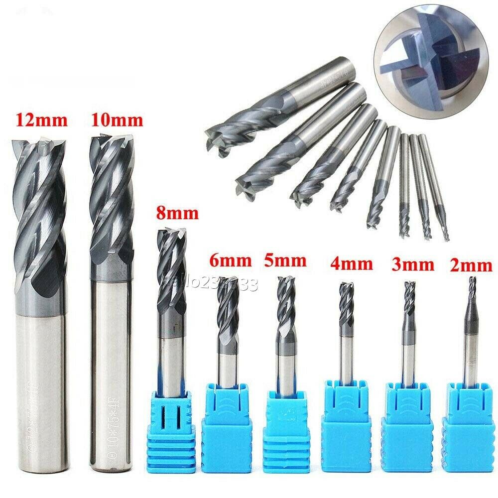 8pcs 4Flutes 2mm-12mm HRC45 Tungsten Carbide End Mill Set Milling Cutter Tool