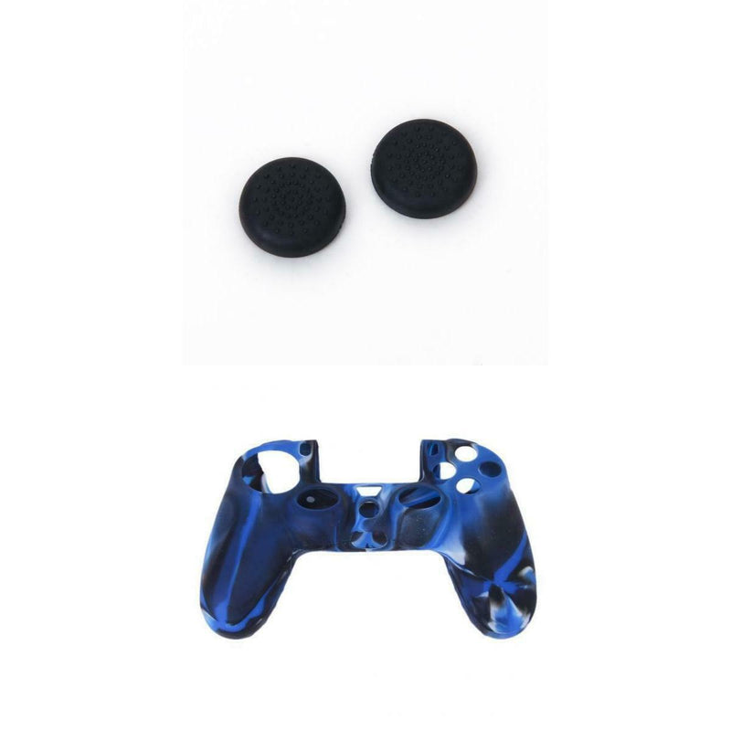 Camo Silicone Skin Case Cover + Joystick Thumbstick Caps for Sony PS4 Controller
