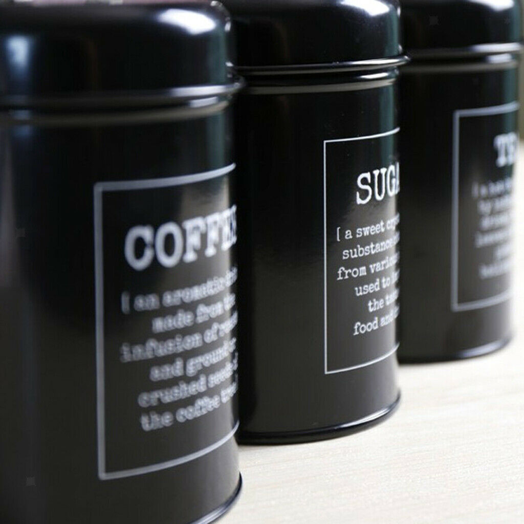 3pcs Tea Coffee Sugar Canisters Metal Kitchen Storage Tin Jars Pots Black