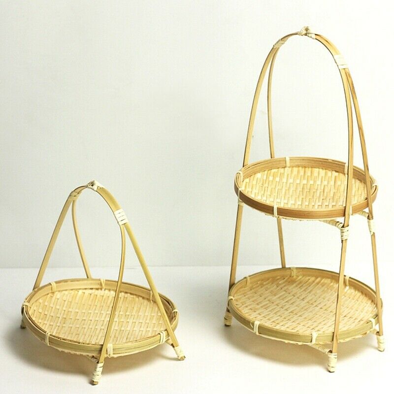 Bamboo Weaving St Baskets Tier Rack Wicker Fruit Bread Food Storage Kitchen DeY5