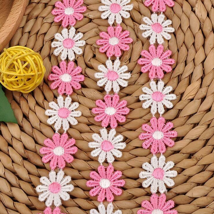 5 Yards Pink White Flower Embroidered lace Trim clothing Appliques Sewing 2.5cm