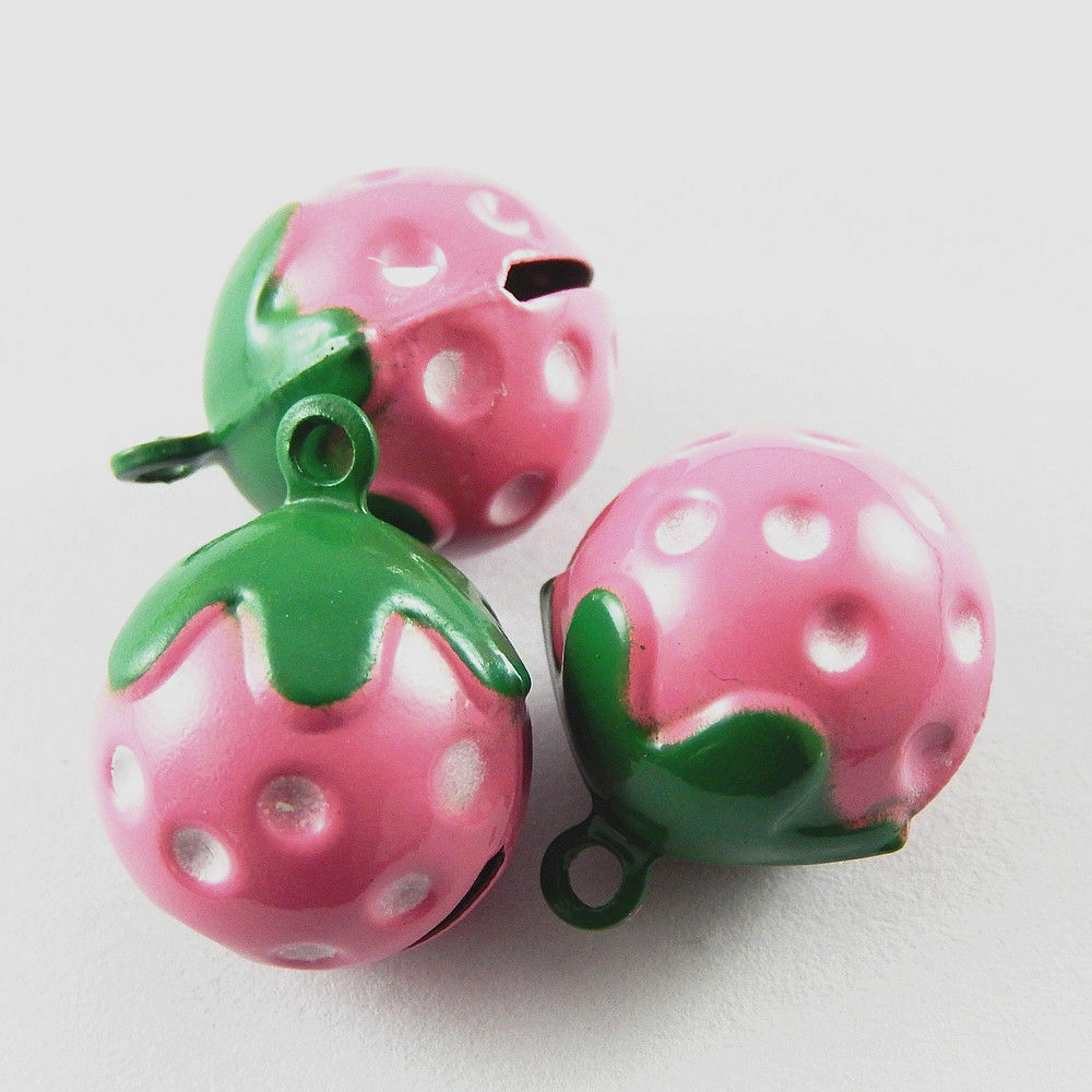 10-pack Pink Strawberry Jingle Bells Brass Pendant Keychain Drop Dangle Charm