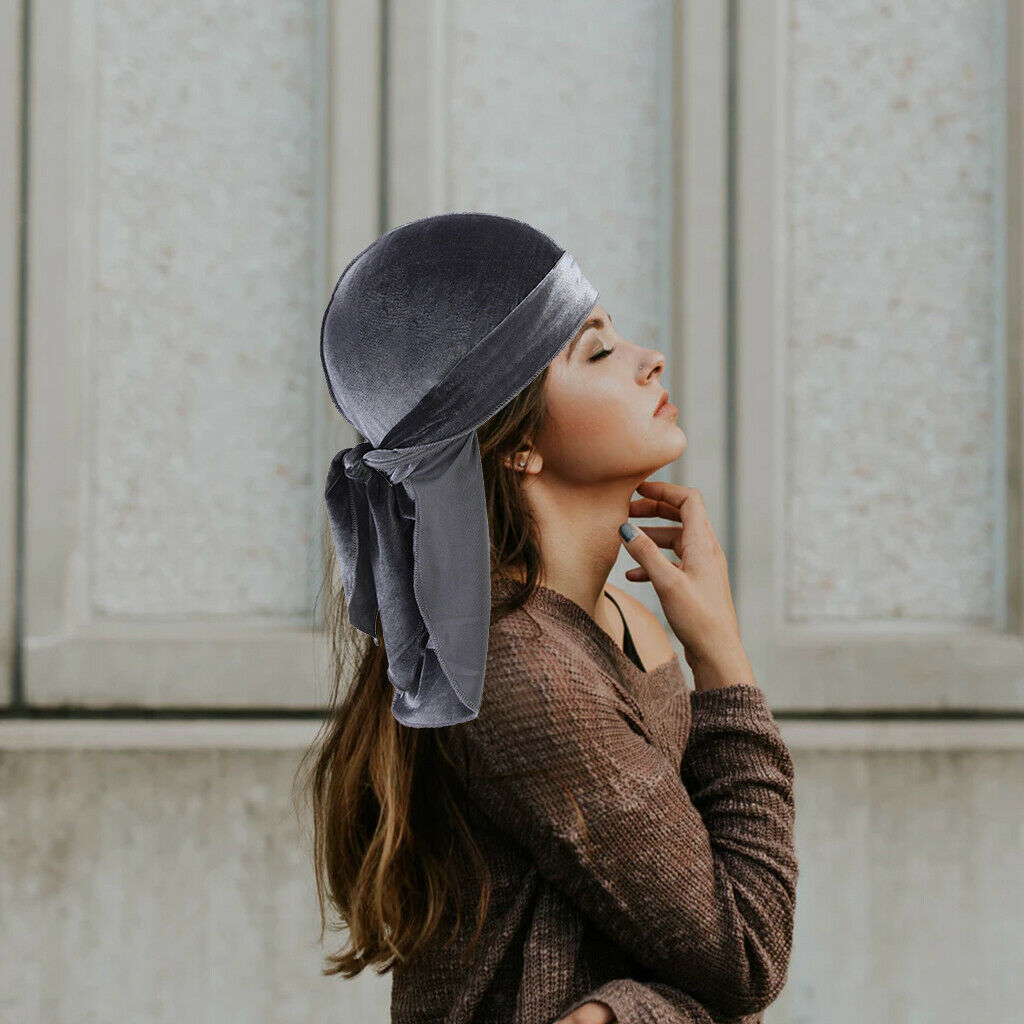 2X Women Mens Velvet Bandana Hat Durag Long-Tail Headwear Beanie Chemo Hat Gray