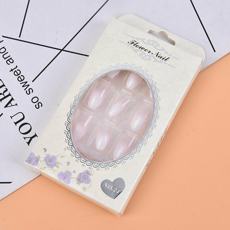 White Gradient French False Glue Nails Art Acrylic Full Cover Tips Manicure Kt