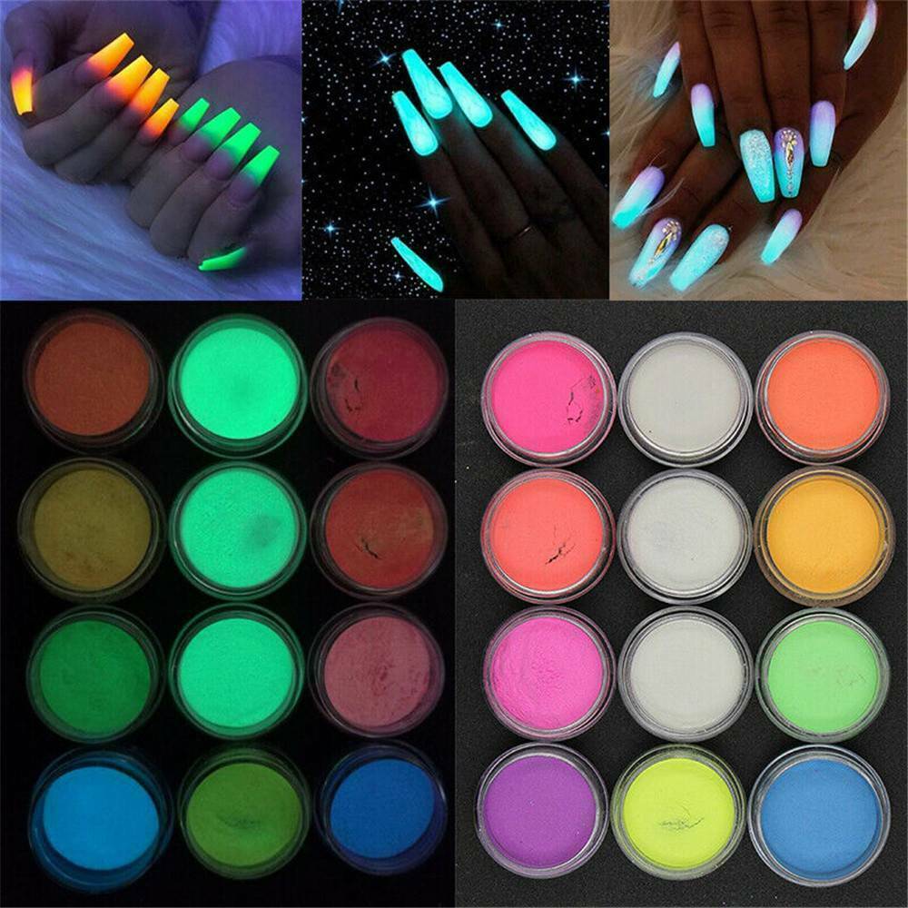 12Colors/Pack Acrylic Fluorescent Powder Glow In the Dark Manicure Nail Pigment~