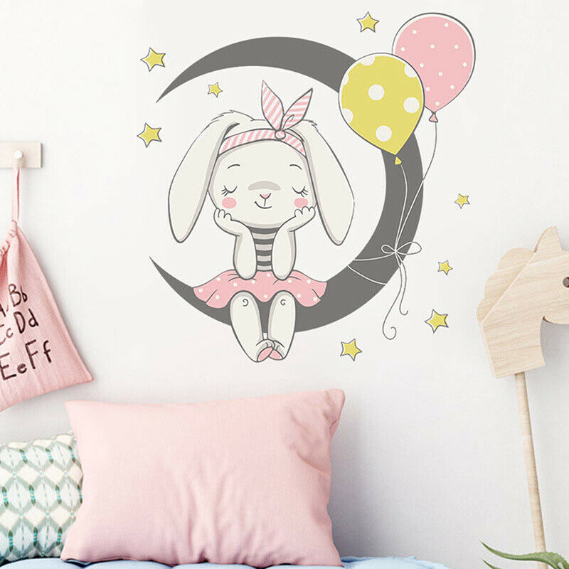 Cartoon Moon Bunny Wall Stickers Paper Kids Room Home Decor Background St.l8