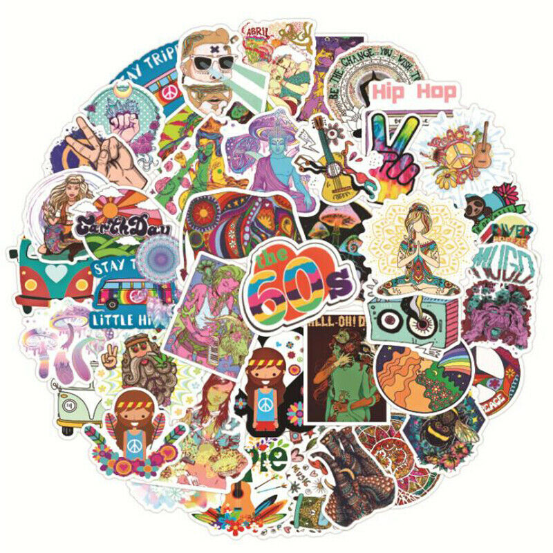 50Pcs Retro Hippies Stickers Waterproof Laptop Skateboard Luggage Guitar Stic Fx