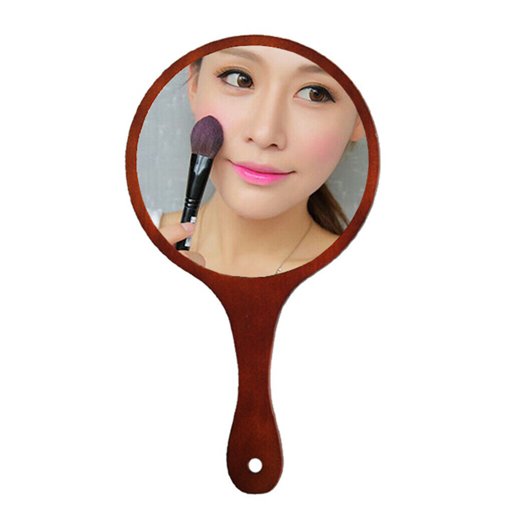 2 x Wooden Handle Portable Round Cosmetic Mirror Handmade Hand Held Mirrors