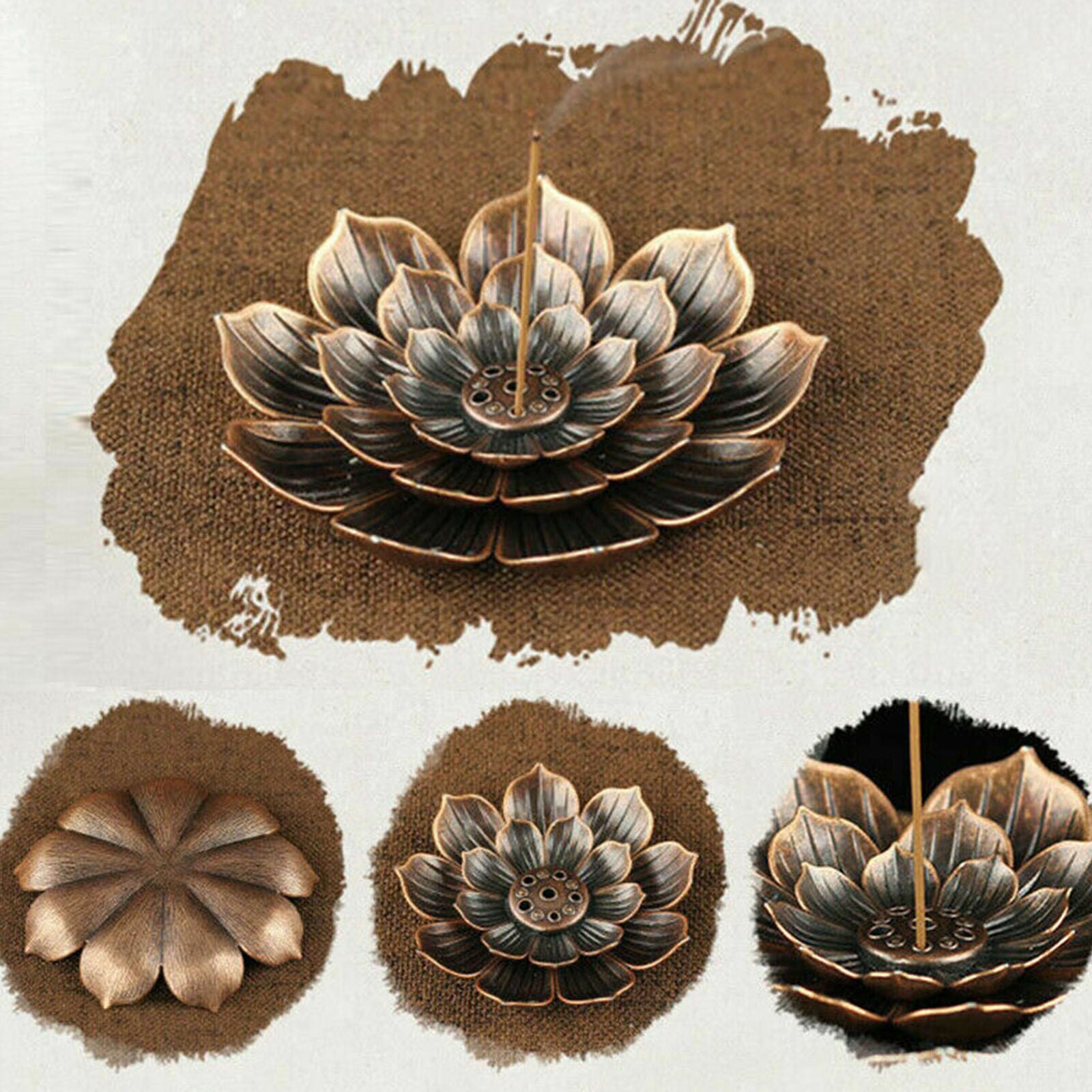 Incense Burner Stick Holder Plate Buddhism Coil Lotus Censer Bronze Copper