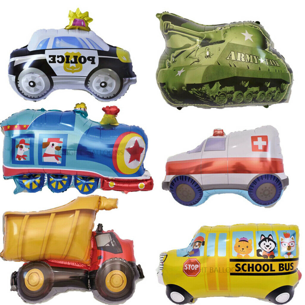 7 Giant Helium Balloons: Truck, Police Car, Tank, Train,  Bus