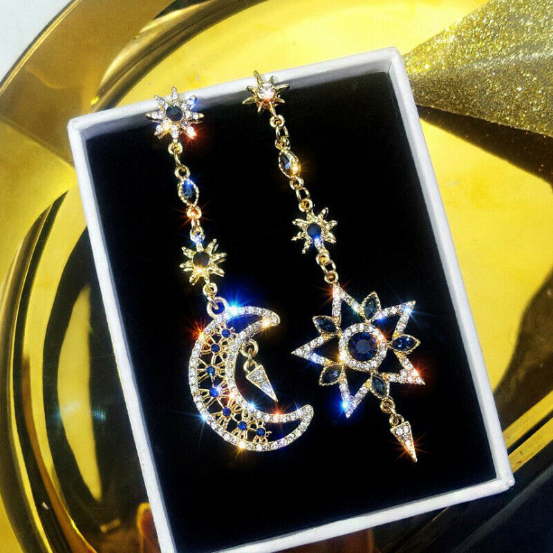 Women Retro Blue CrystalStar Moon Drop Dangle Earrings Charm Ear Stud Jew.l8