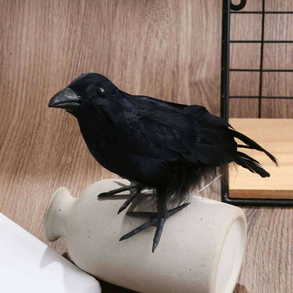Vivid Crow Bird Statue Halloween Realistic Black Feathered Crows Decor