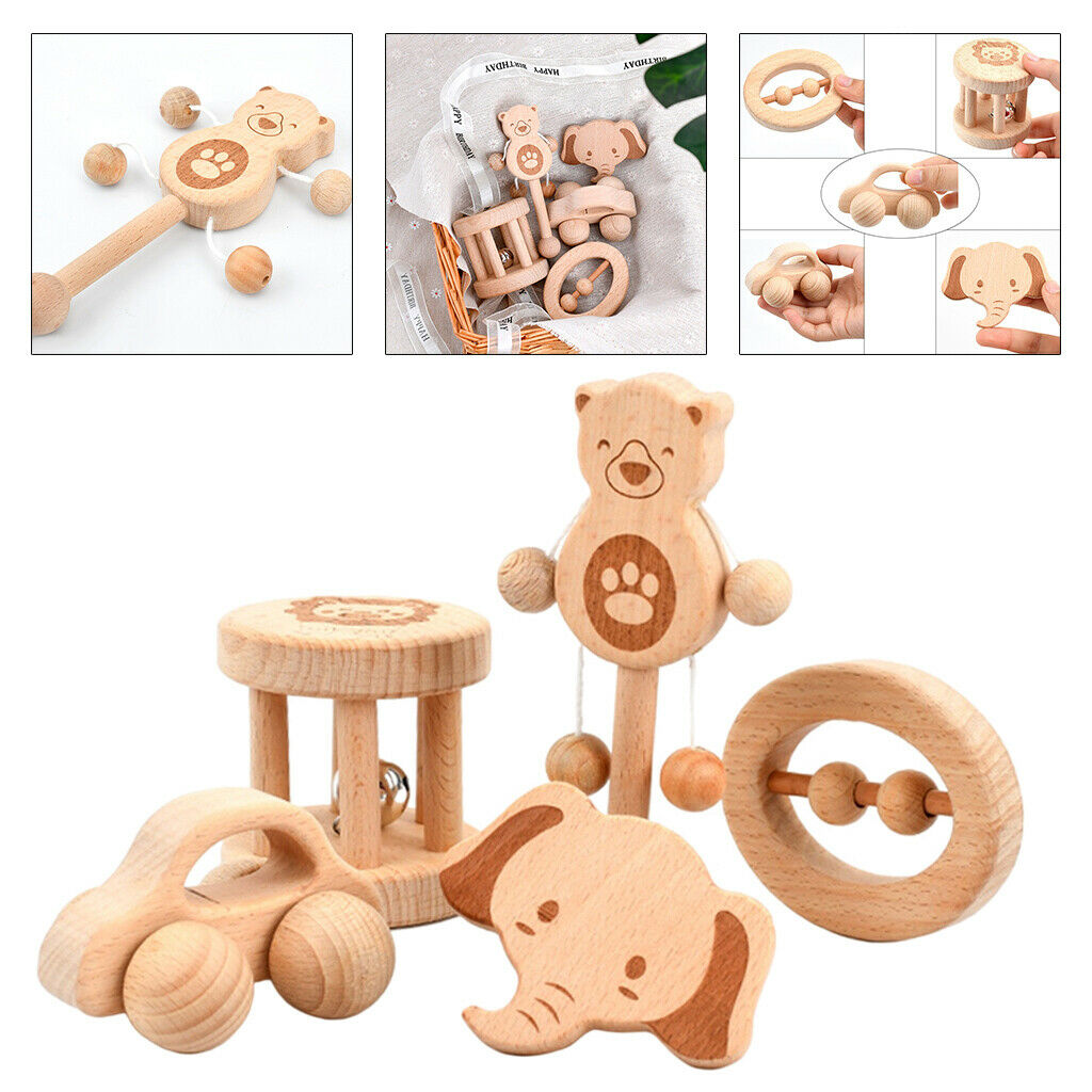 5pcs Wooden Rattle with Bell Fine Motor Learning Play Gym Educational Toys