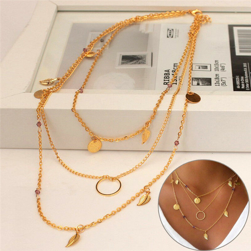 Bohemian Leaf Crystal Necklace Multilayer Long Necklace Women Pendant Neck.l8