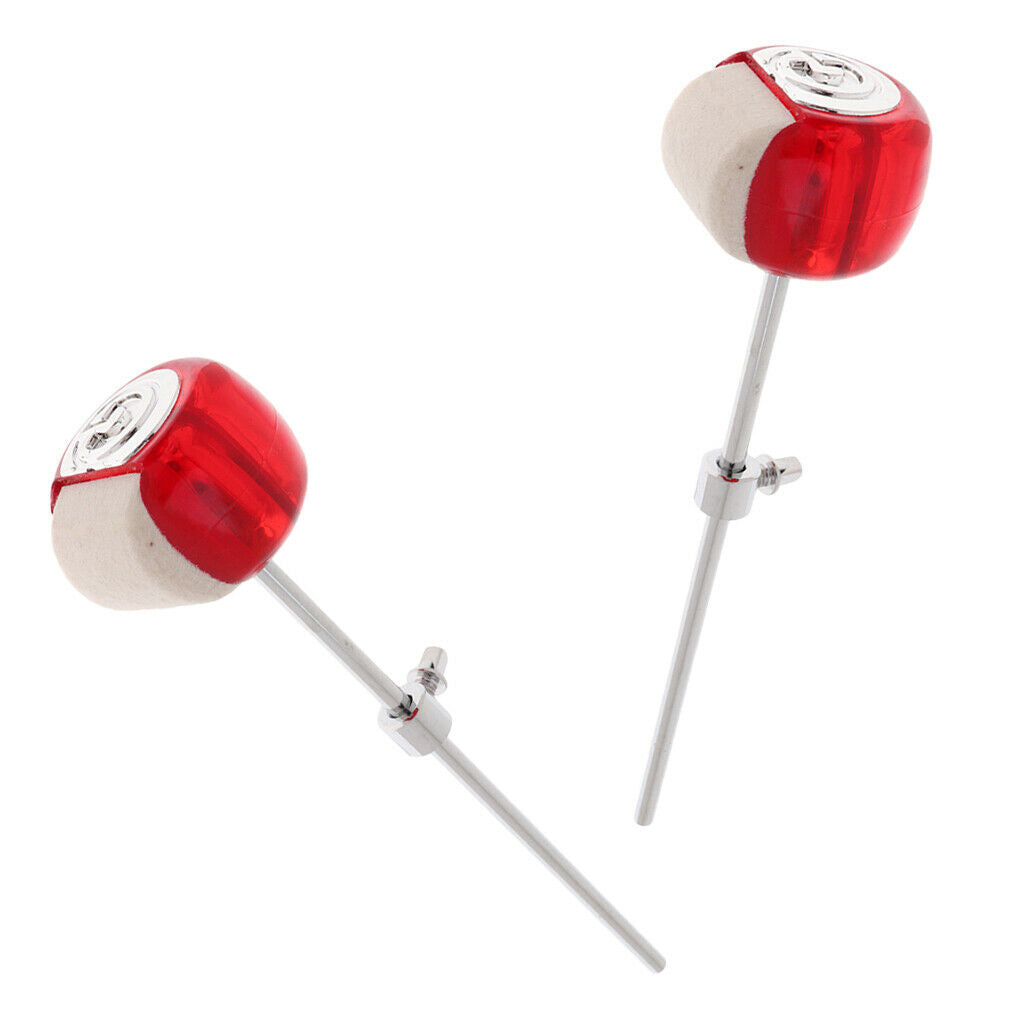 Pack of 2 Bass Drum Single Foot Pedal Mallets Metal Shank for Drum Players Red