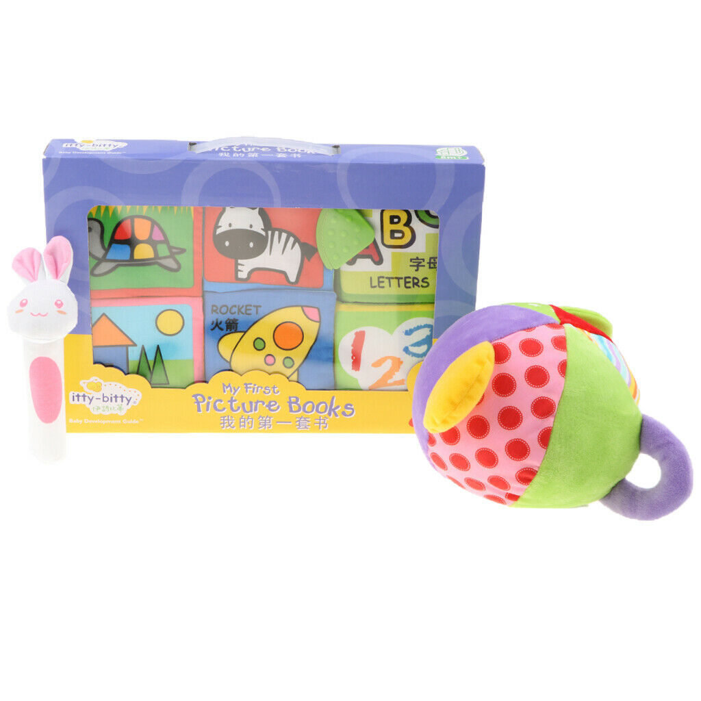 Set of 8 pieces Baby Soft Cloth Books & Rattle Squeaker, Early Number Letter