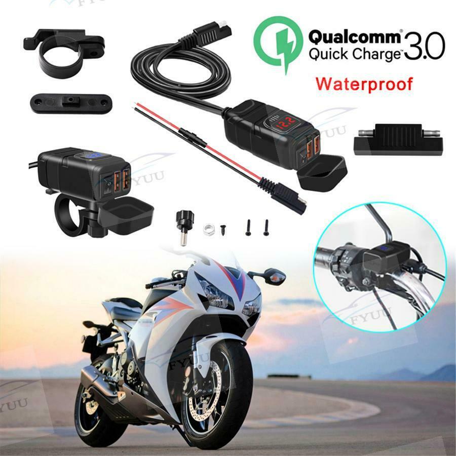 Motorcycle Handlebar DC12V QC3.0 Fast Charging Motor Phone Charger + Voltmeter